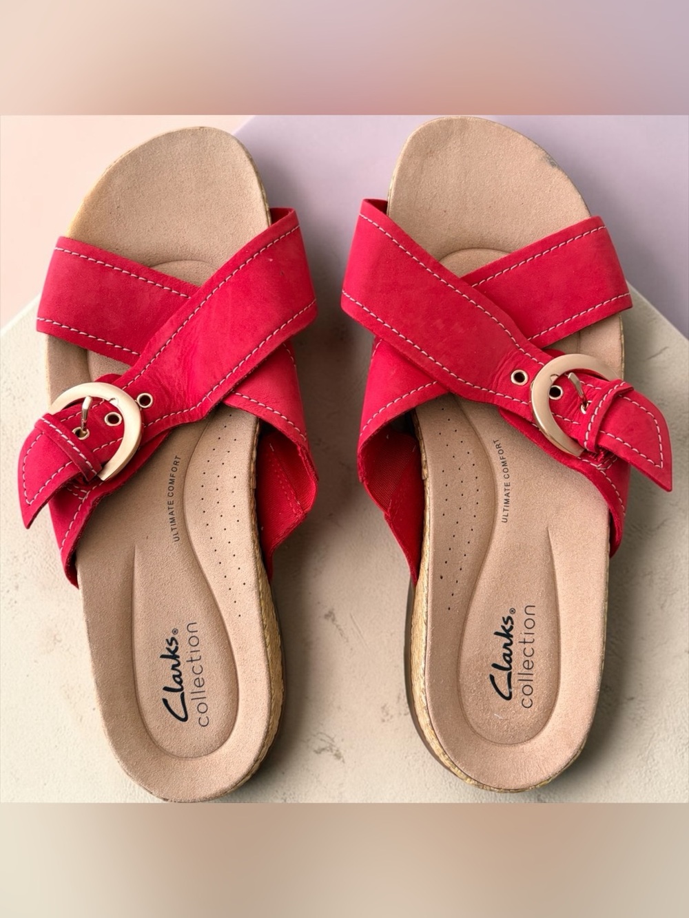 Clarks Collections Red Crisscross Buckle Slide Sandals